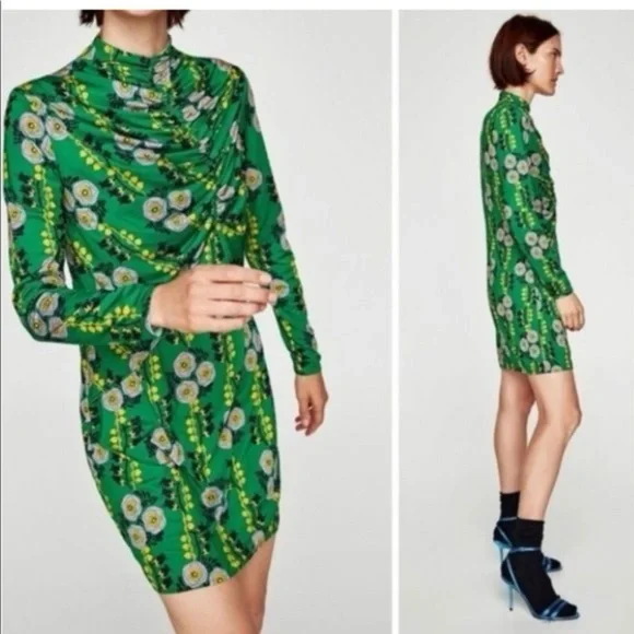 Zara Green Floral Long Sleeve Dress - Picture 2 of 10